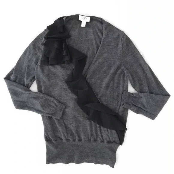 Ann Taylor Loft | Plunging Neckline Wool Sweater Women Large Ruffle Long Sleeves - Picture 6 of 7
